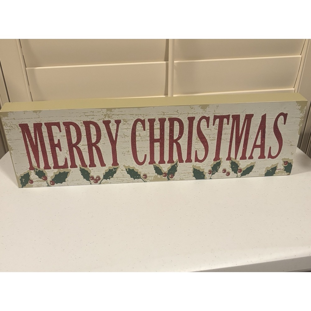 Rustic Merry Christmas Decorative Wooden Block Sign‎ Sparkle And Holly 20x6x1.5